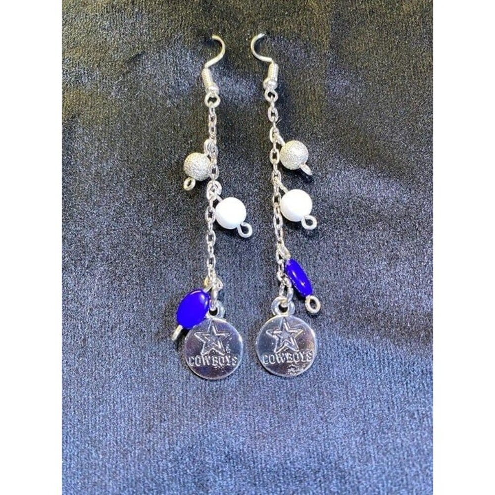 Dallas Cowboy Looking, Fishhook Earrings Silver Tone Chain with Blue White